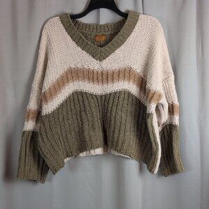 POL V-Neck Sweater - Olive, Cream, and Tan Stripes